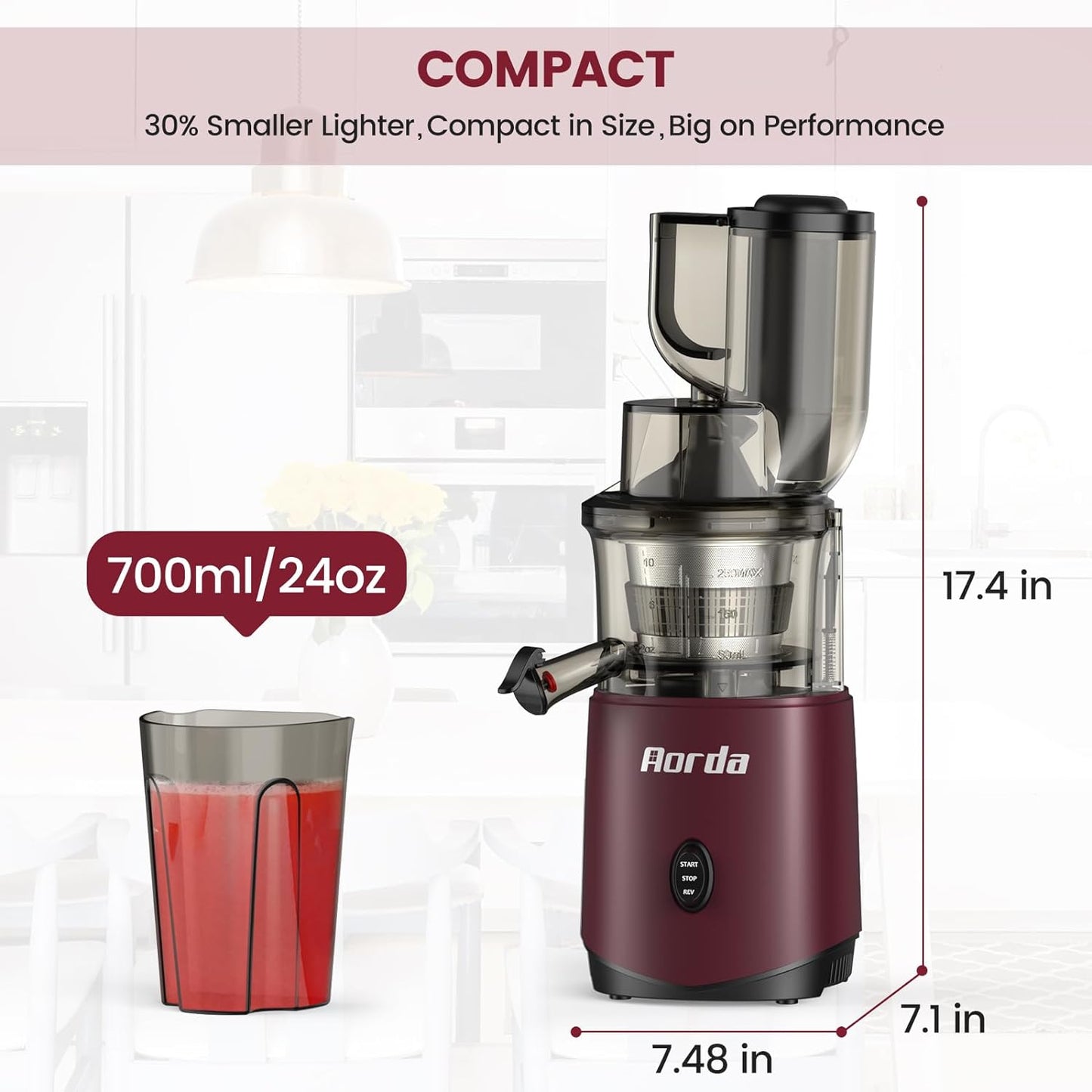 Masticating Cold Press Juicer Machines: 200W Pure Slow Juicer With Quiet Motor For Vegetable And Fruit Easy To Clean, Red