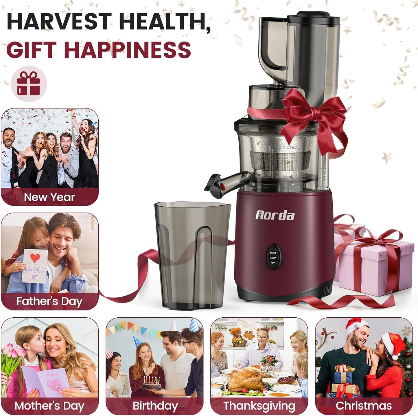 Masticating Cold Press Juicer Machines: 200W Pure Slow Juicer With Quiet Motor For Vegetable And Fruit Easy To Clean, Red